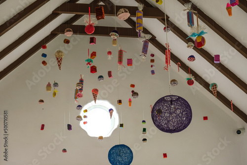 various ornaments hanging from the ceiling
