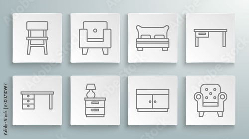 Set line Office desk, Armchair, Furniture nightstand with lamp, Chest of drawers, Big bed, and Chair icon. Vector