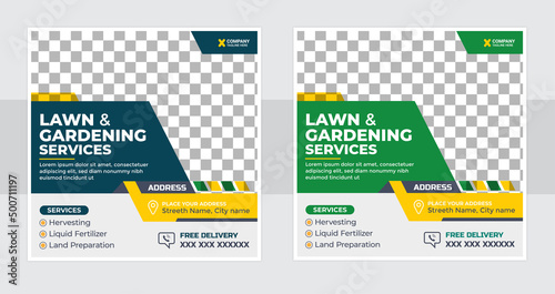 Lawn or gardening service social media post and web banner template design