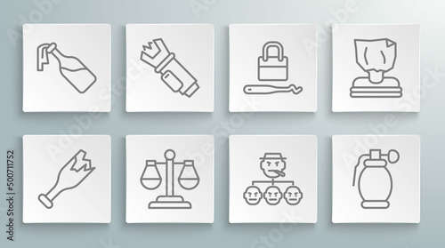 Set line Broken bottle as weapon, Police electric shocker, Scales of justice, Mafia, Hand grenade, Lock picks for lock picking, Kidnaping and Cocktail molotov icon. Vector