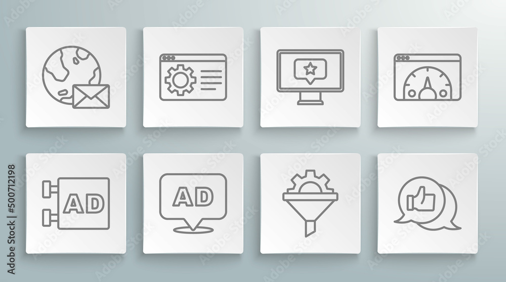 Fototapeta premium Set line Advertising, Browser setting, Sales funnel with gear, Customer product rating, Monitor star, Website statistic and Earth globe mail icon. Vector