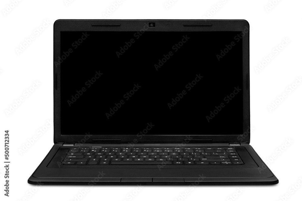 Open laptop with black screen isolated on white background. Fron Open laptop with black screen isolated on white background. Fron
