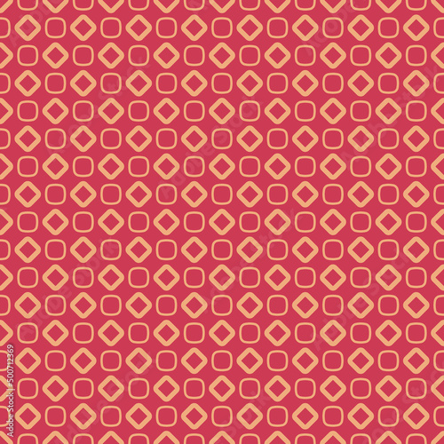 Diamonds and cubes on a raspberry background. A wallpaper of golden shapes that repeats throughout the vector canvas, creating a stylish decor.