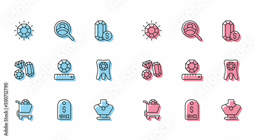 Set line Jewelry online shopping, Price tag with dollar, Diamond, Necklace mannequin, Gem stone, Tooth diamond, and engagement ring icon. Vector