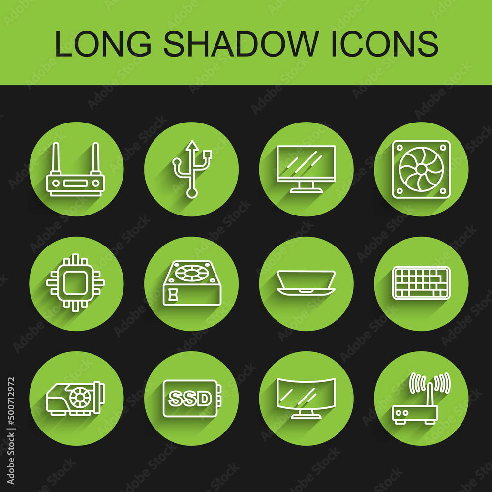 Set line Video graphic card, SSD, Router and wi-fi signal, Computer monitor screen, cooler, Keyboard and Laptop icon. Vector Set line Video graphic card, SSD, Router and wi-fi signal, Computer monitor screen, cooler, Keyboard and Laptop icon. Vector