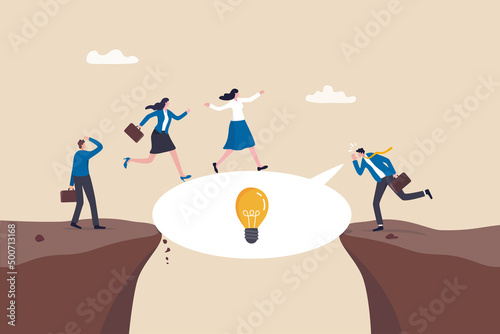 Advice, suggestion or solution to solve business problem, instruction or guidance to overcome difficulty or answer concept, businessman advisor talking with speech bubble to help people cross the gap.