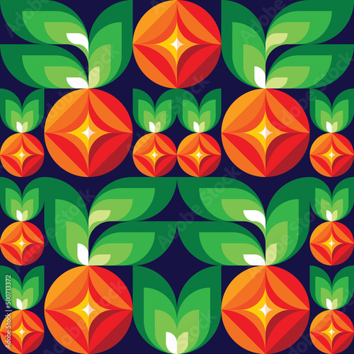 Friuts garden background design. Abstract geometric vector seamless pattern. Green nature graphic banner. Organic foods concept wallpaper. Ornament decorative mosaic. 