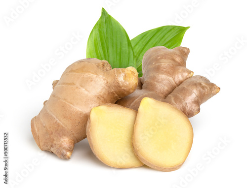 Fototapeta Close up, Fresh ginger root with sliced and green leaves isolated on white backg