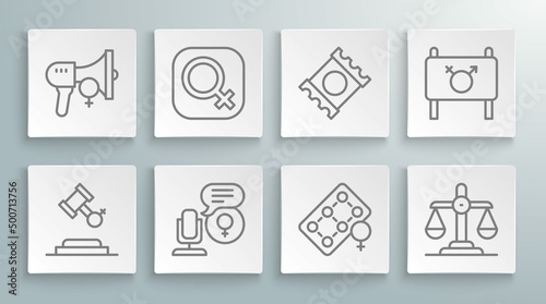 Set line Female rights, gender, Microphone, Packaging of birth control pills, Gender equality, Condom package, Feminist activist and icon. Vector