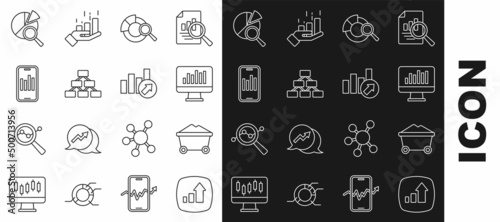 Set line Financial growth, Coal mine trolley, Monitor with graph chart, Search data analysis, Hierarchy organogram, Mobile, and icon. Vector