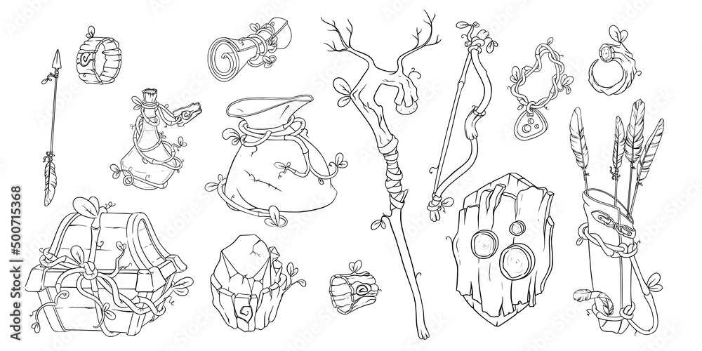 Magic game items with wand, chest, potion and other props. Sketch of druid game objects. Vector illustration isolated in white background