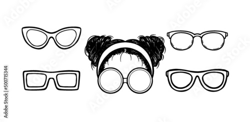 A simple graphic design of hair with hair bun and bandana plus a pair glasses.