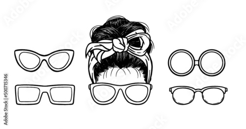 A simple graphic design of hair with hair bun and bandana plus a pair glasses.