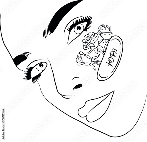 Face with flowers line art, face with roses, rose girl, hope inspiring quote, inspirational saying, flower woman