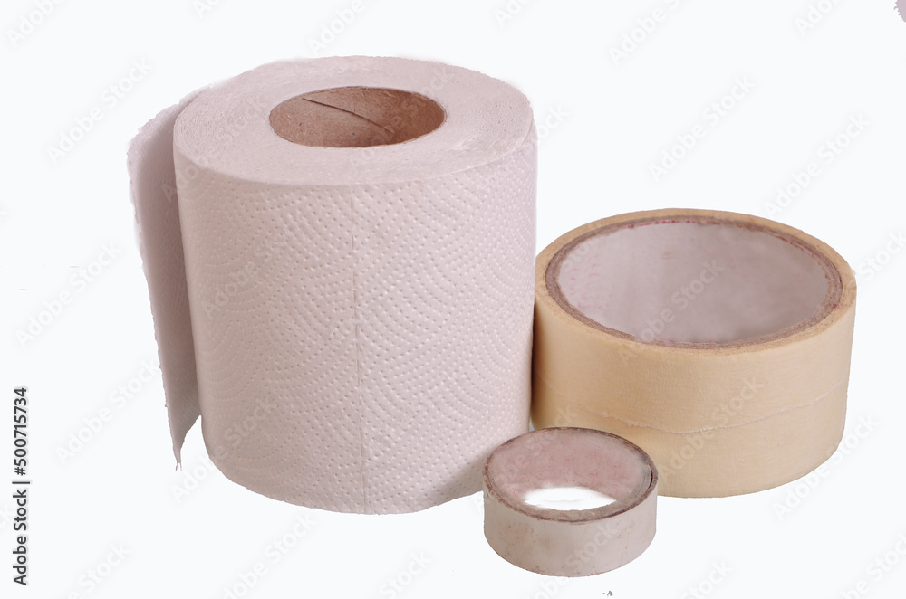 Toilet paper and adhesive tape. Isolated on white. Toilet paper and adhesive tape. Isolated on white.
