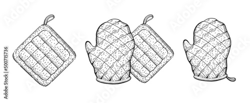 Kitchen cooking glove and potholder set. Oven mitten, pot holder icon. Vector mitt doodle sketch. Outline fireproof chef glove for baking. Household illustration. Etching hot protection hand holder