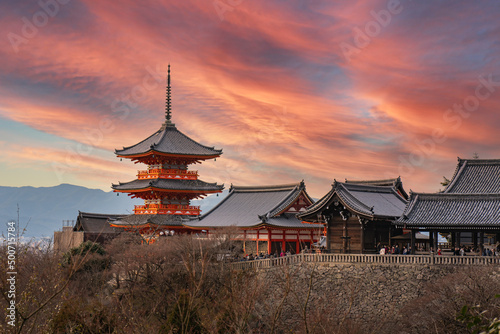 The Pagoda at Kiyomizu dera Temple (Pure Water Temple) at sunset, It is one of the most celebrated temples of Japan. Kyoto photo