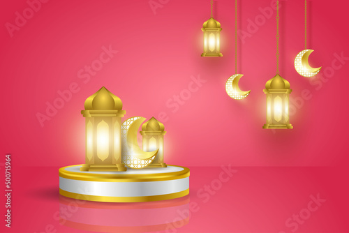 podium template design with Islamic concept, light effect, hanging ornament vector