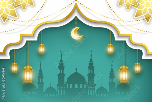 ramadan background template, with lantern and crescent hanging ornament, design vector graphic