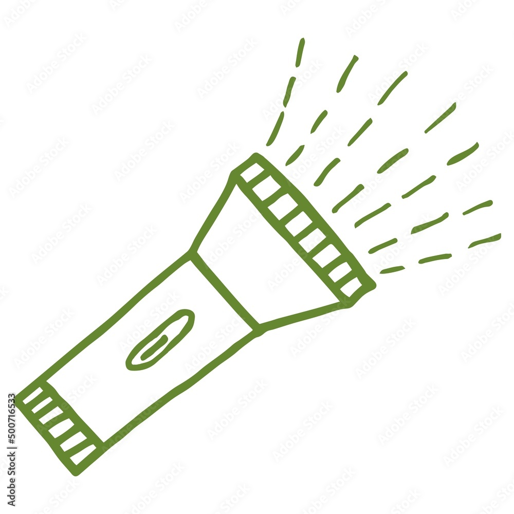 Hand-drawn vector sketch of flashlight. Green monochrome outline doodle icon isolated on transparent background Hand-drawn vector sketch of flashlight. Green monochrome outline doodle icon isolated on transparent background