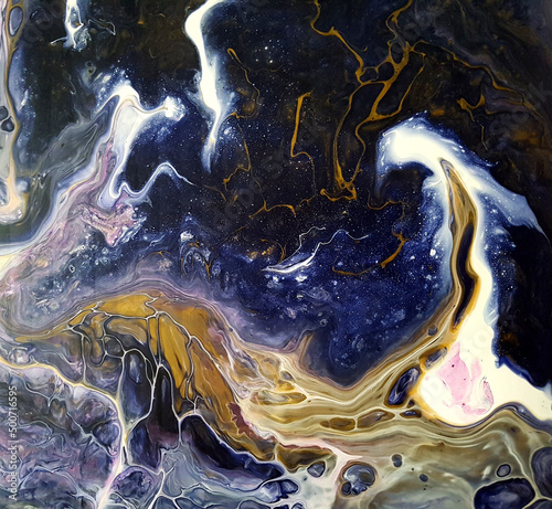 Abstract liquid art background in dark purple, pink, white and bronze colors. Liquid marble. Acrylic painting on canvas with golden lines and gradient.