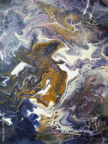 Abstract liquid art background in dark purple, pink, white and bronze colors. Liquid marble. Acrylic painting on canvas with golden lines and gradient.