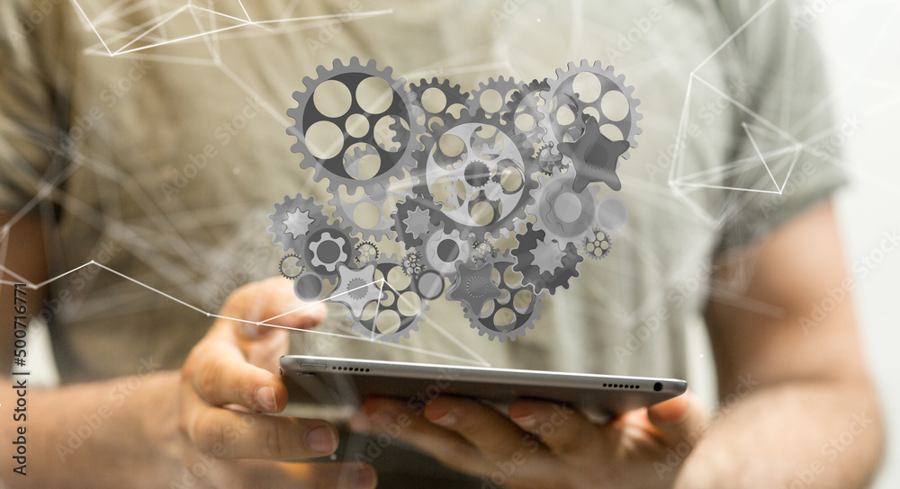 gear system data. Connecting lines and dots.Big data visualization gear system data. Connecting lines and dots.Big data visualization