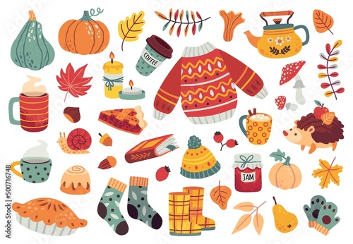 Cute autumn scrapbook bundle, cozy fall icons or stickers with sweater, socks, mushrooms and leaves. Pumpkin, pie, tea cup and kettle vector set