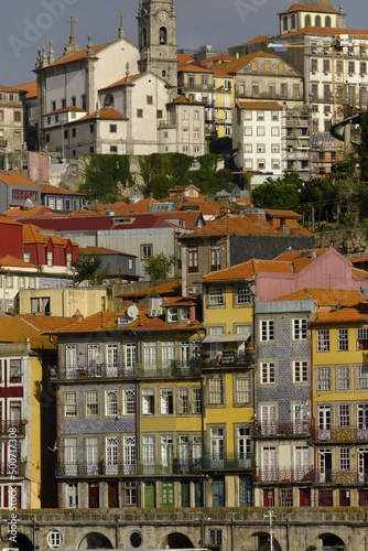 Rows of colorful old historical houses in Ribeira district of Porto, Portugal 