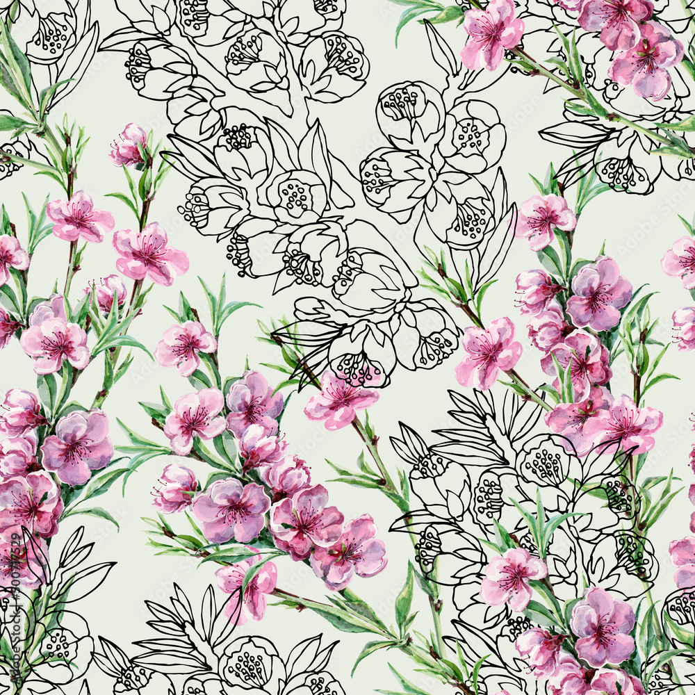 Spring seamless pattern with watercolor flowers peach and graphic flowers sakura.