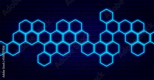 Blue honeycomb neon design. Polygonal natural shape. Abstract signboard. Editable stroke. Vector stock illustration