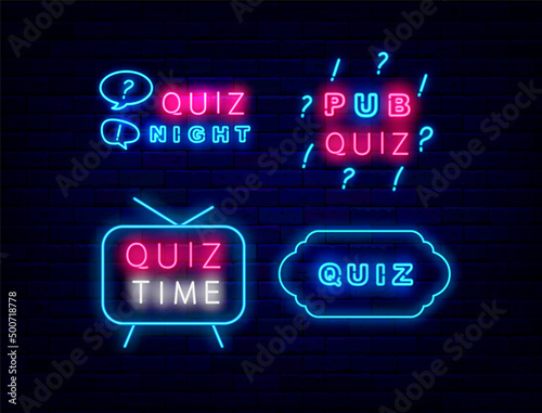 Quiz neon signs pack. Shiny frames. Show time on tv. Play game concept. Editable stroke. Vector illustration