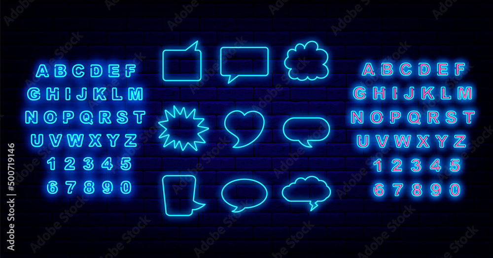 Blue speech bubbles neon frames collection. Empty border set. Shiny alphabet. Vector stock illustration