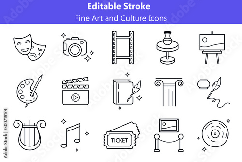 Fine Art and Culture Line Icons Set with Editable Stroke. Creative hobby outline isolated symbols bundle. Architecture, music, pottery classes signs. Theater tickets, gallery, drama and comedy symbols