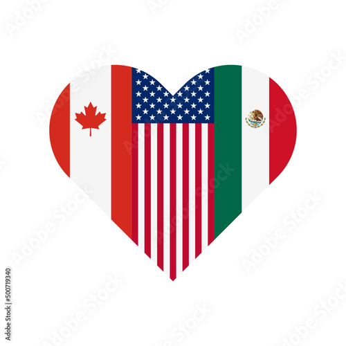 unity concept. north american free trade agreement members. heart shape icon of canada, usa and mexico flags. vector illustration isolated on white background