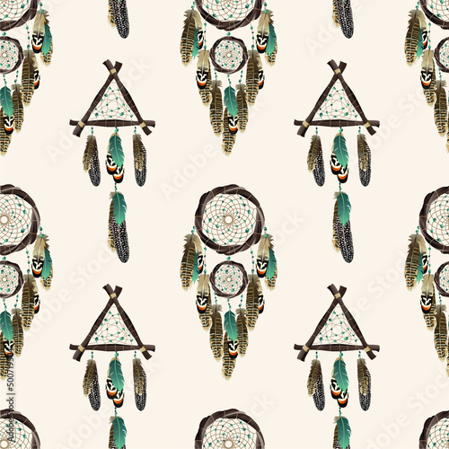 Seamless pattern with dreamcatcher with feathers. Ethnic design, mystic tribal symbol. 