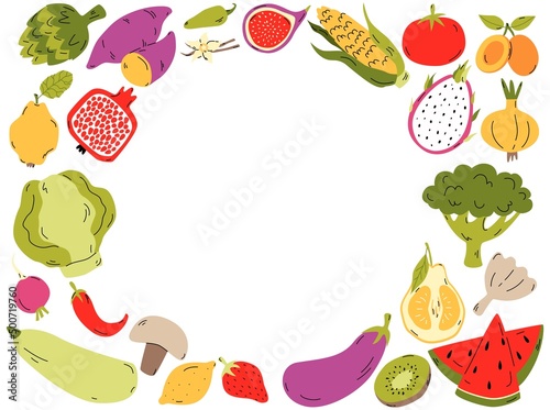Organic foods frame template  hand drawn fruits and vegetables for menu cover  banner or brochure.