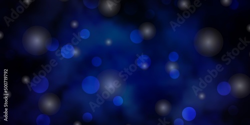 Dark BLUE vector texture with circles, stars.