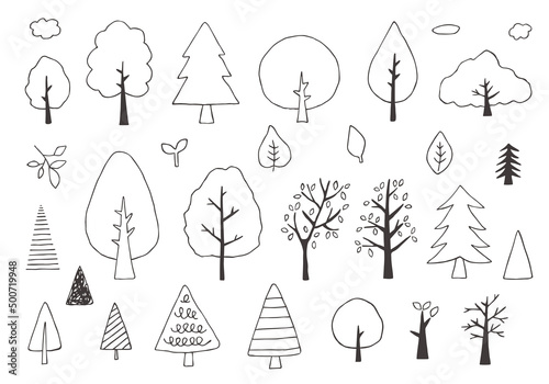 手描きの木のイラストセット（モノクロ）