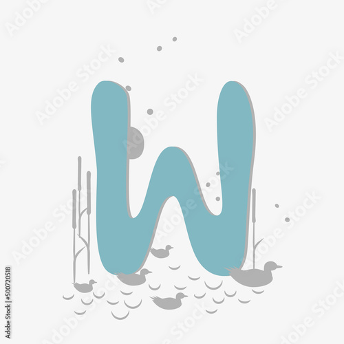 Minimalistic pattern in an oriental style in form of letter W. Flock of birds, ducks flying, reeds growing by lake. Abstract objects, spots, points, shadows. Vector illustration, for logo design