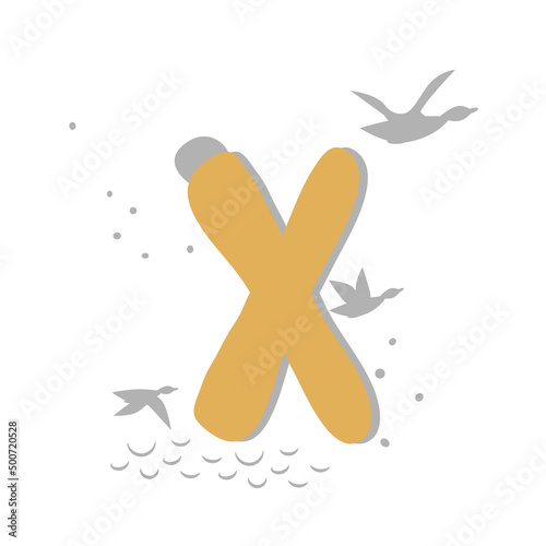 Minimalistic pattern in oriental style in form of letter X. Flock of birds, ducks are flying, sea, moon. Abstract objects, spots, points, shadows. Vector illustration, for logo design, banners.