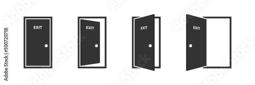 Open and closed office doors with exit label. Door icons set. Open, close and ajar door. Doors collection. Opened entrance door set. Vector illustration.