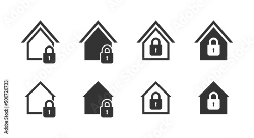Lock house under protection icon set. Lockdown symbol. Safe home sign. Vector illustration.