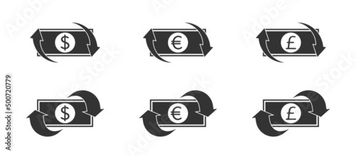 Cashback icon, return money, cash back rebate. Dollar, euro and pound sterling sign. Vector illustration.