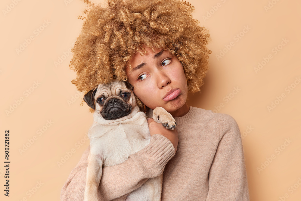 Unhappy young woman has allergy to pet poses with pug dog looks upset tilts head wears casual sweater isolated over brown background rests with domestic animal at home. Pets adoption concept Unhappy young woman has allergy to pet poses with pug dog looks upset tilts head wears casual sweater isolated over brown background rests with domestic animal at home. Pets adoption concept