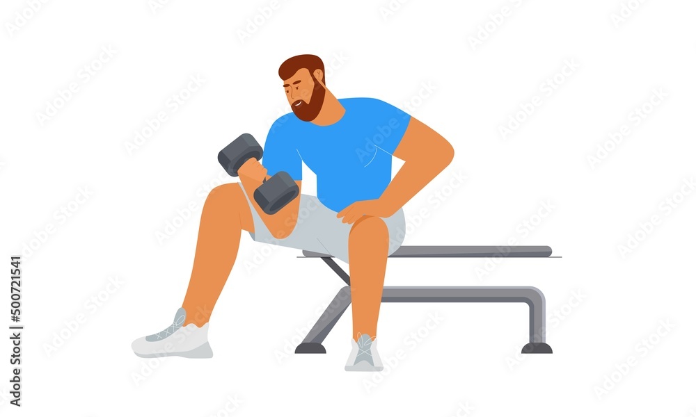 Fitness man doing workout with dumbbell at gym. Vector illustration in flat style, isolated on white background Fitness man doing workout with dumbbell at gym. Vector illustration in flat style, isolated on white background