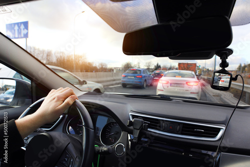 Fototapeta Naklejka Na Ścianę i Meble -  Driving in a traffic jam with a video recorder
