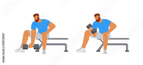Fitness man doing workout with dumbbell at gym. Vector illustration in flat style, isolated on white background