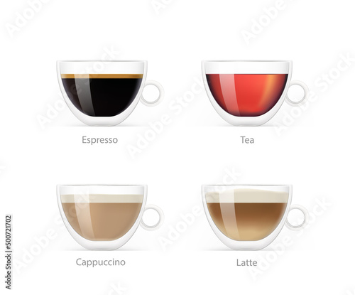 Set of drinks in a clear glass cup. Vector illustration isolated on white background. Ready to use for your design, presentation, promo, ad. EPS10.