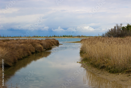 Lagoon landscape. Small canal that flows into the sea. Brussa  Caorle  Italy.